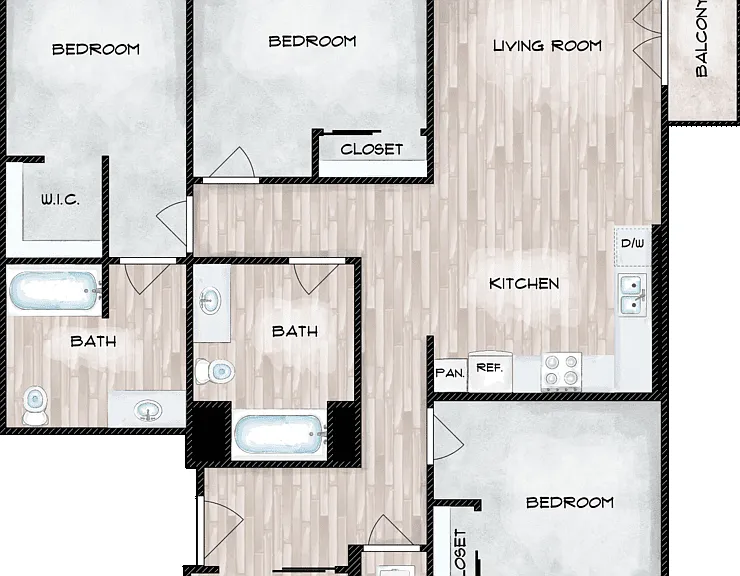 3 Bed 2 Bath B Floorplan Diagram