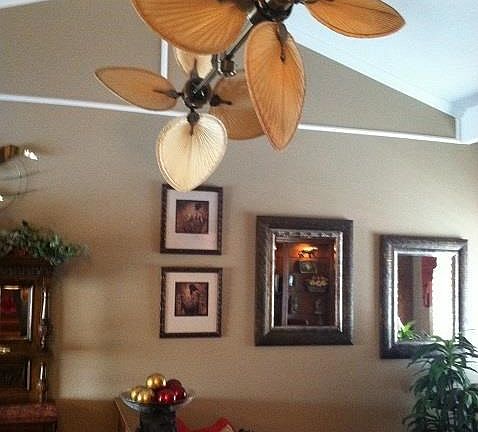 Custom fan in living room with vaulted ceilings.