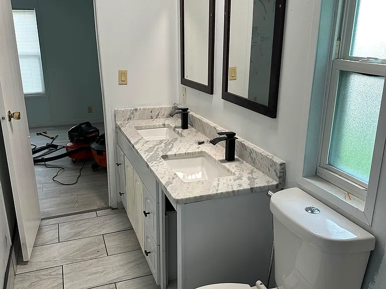 Master Bath New Granite Counter and Tile walking shower