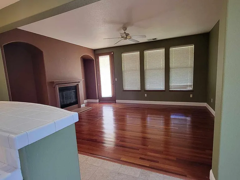 Living room has fireplace (unused) and back door to fenced yard