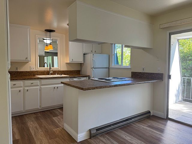Very clean kitchen. Cabinets newly painted with new knobs. Electric range and range hood with fan and lights. Mirror over sink allows for reflective light and visibility back into the dining and living areas
