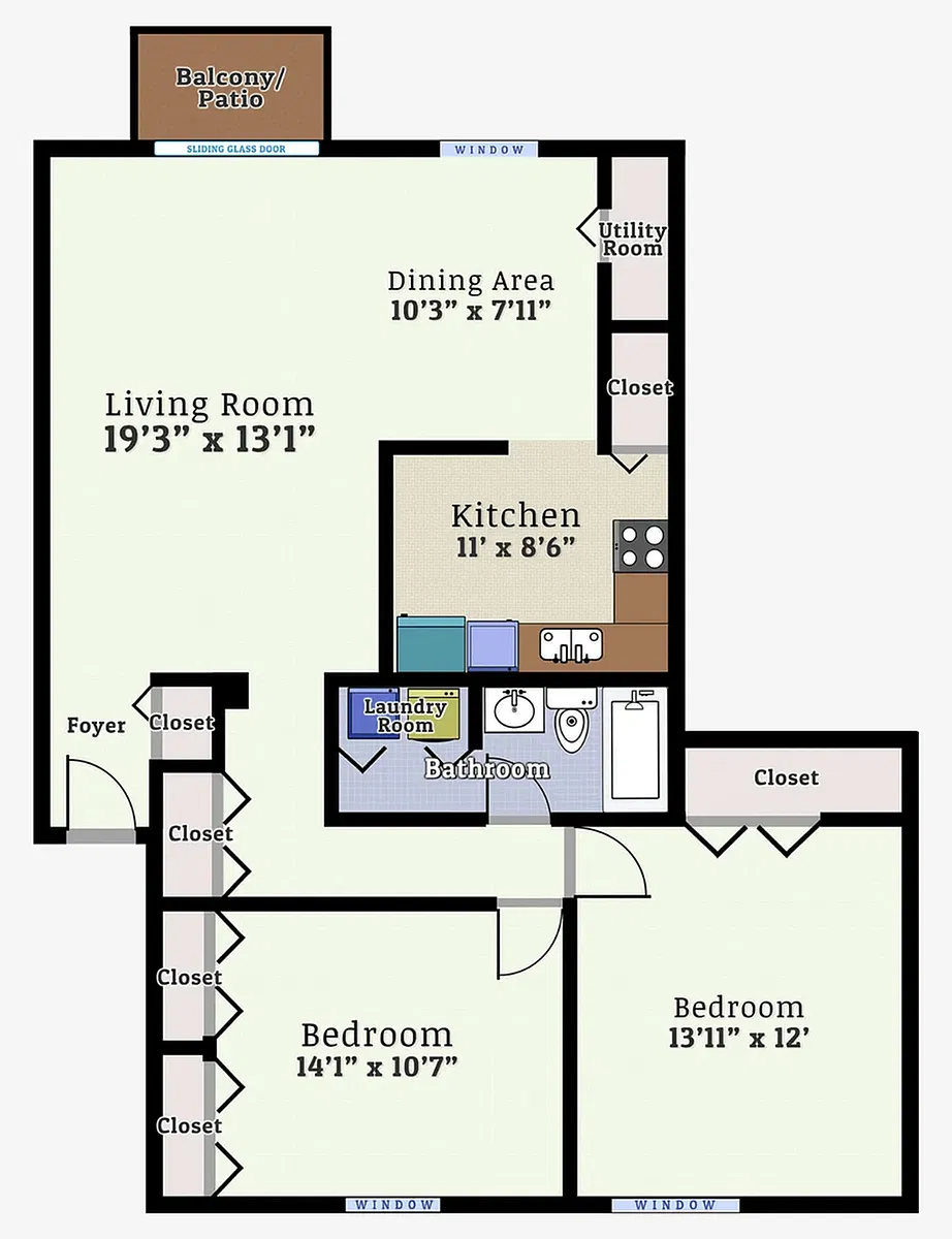 Floor plan Two Bedroom One Bath Garden