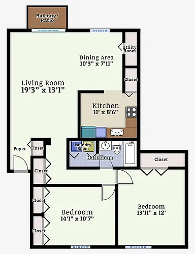 Floor plan Two Bedroom One Bath Garden