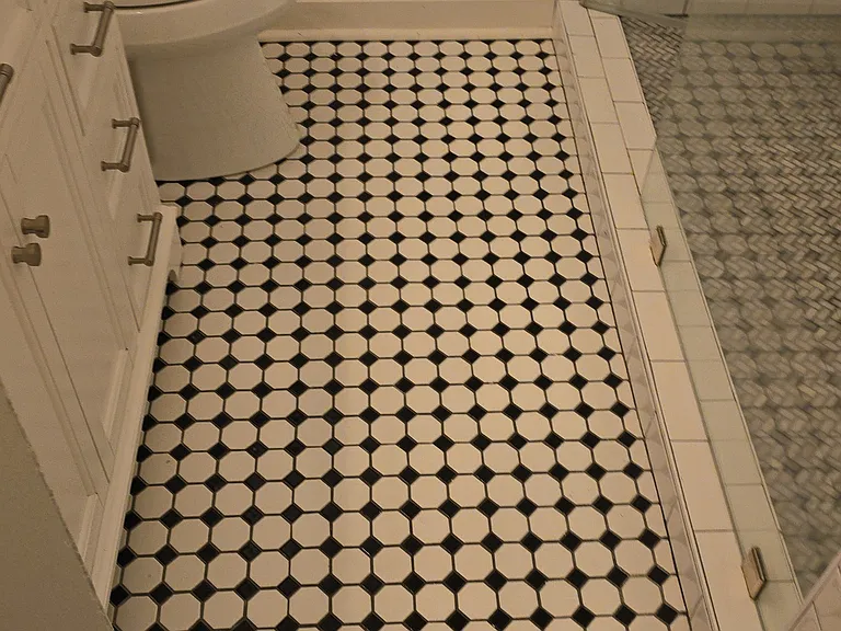 Art Deco style flooring in bathroom.
