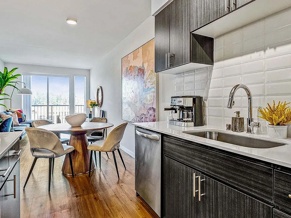 Griffis Shoreline apartment kitchen with quartz countertops.