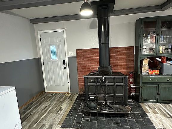 Wood-burning stove in dining