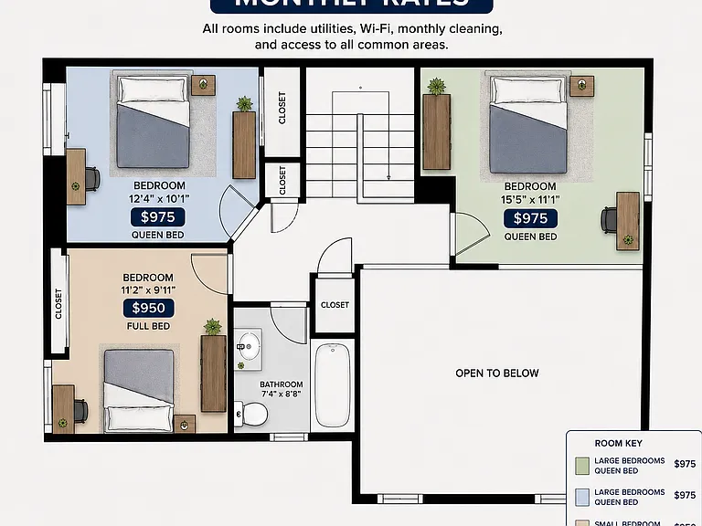 3 rooms with shared bathroom, rent with cleaning fee included.