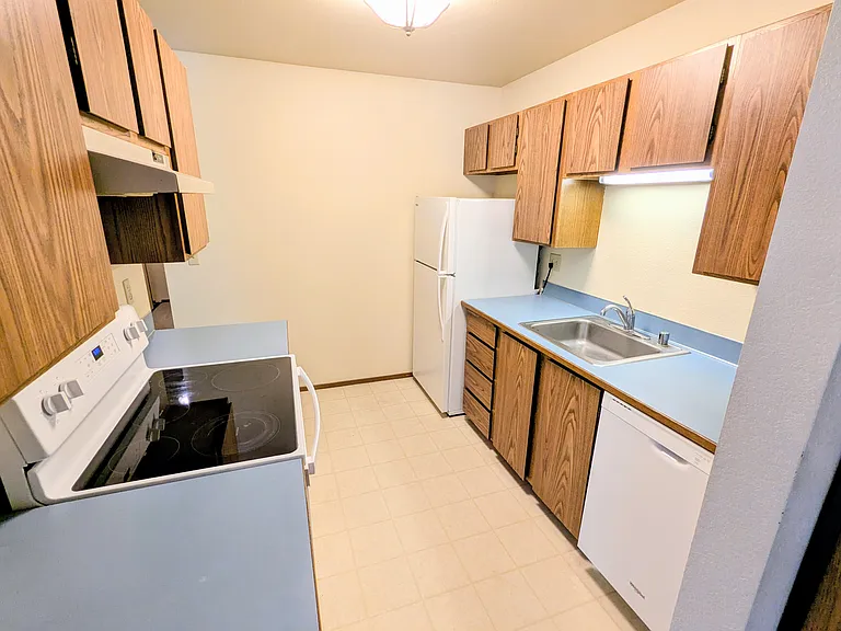 Kitchen with glass top range, garbage disposal, and dishwasher