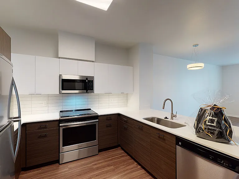 Apartment kitchen with stainless steel appliances, quartz countertops and wood-style flooring.