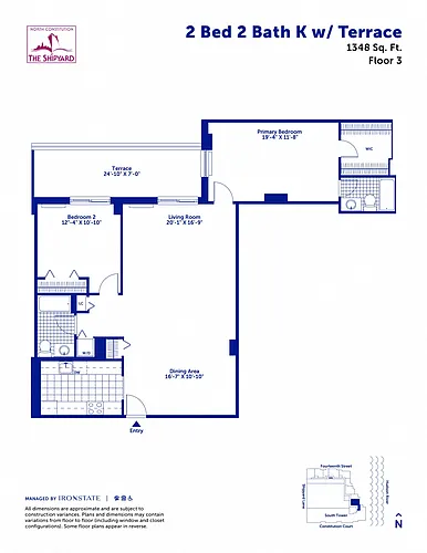 Floor plan 2 Bed 2 Bath K with Terrace