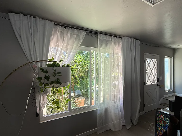 Living room window. Trees and plants provide privacy.