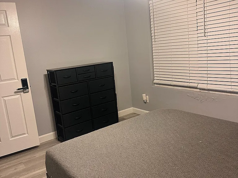 Furnished bedroom with a ceiling fan, window blinds, dresser storage, and durable flooring for easy upkeep.
