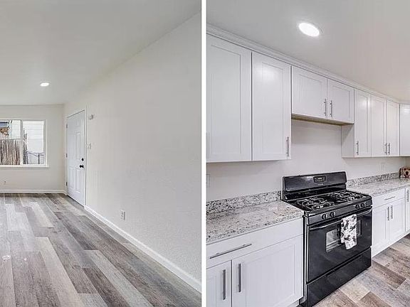 Left-living/dining. Right-kitchen with gas stove, new SS side by side fridge and dishwasher. Kitchen window overlooks the backyard