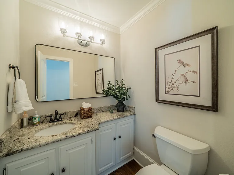 Charming Powder Room with Granite Vanity & Elegant Bird Decor