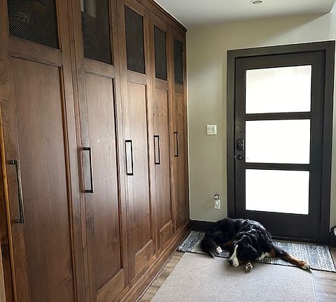 large entry with five custom ski lockers.