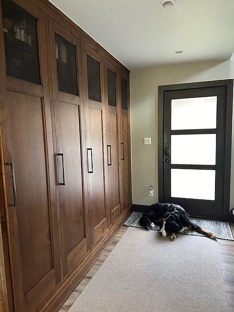 large entry with five custom ski lockers.