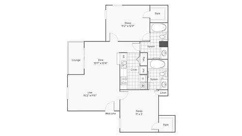 Floor plan 2 BR x 2 BA - A - Income-Restricted (80)
