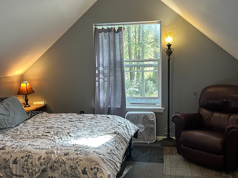 bedroom: queen bed, a/c in June-August months, 65" firestick TV, clothing rack, full length mirror, extra pillows and blankets, heat, portable fans