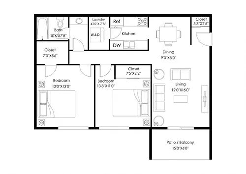 Floor plan B1R (Stainless Steel Appliances, In-Unit Laundry)