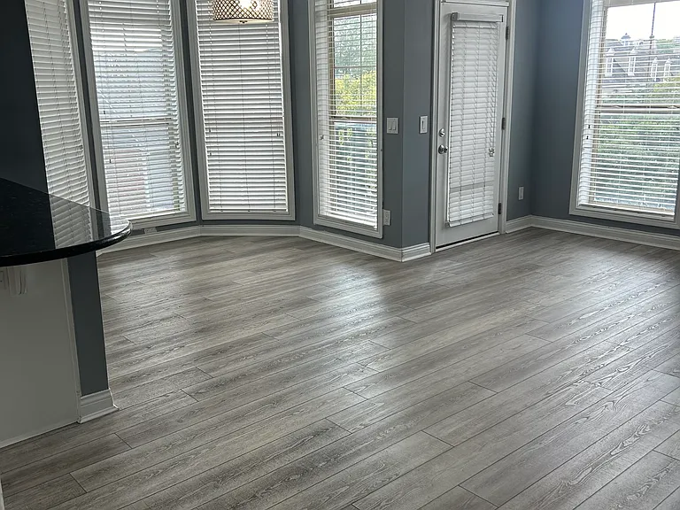 Living Room and Dining Room. High ceiling throughout the unit. Door opening to the patio with storm door.