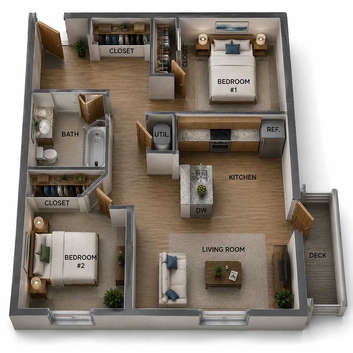 Floor plan Two Bedroom One Bath Standard - Tower
