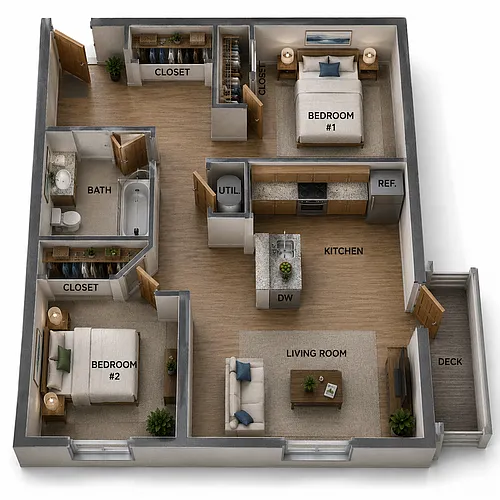 Floor plan Two Bedroom One Bath Standard - Tower