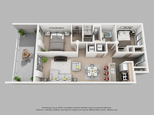 Floor plan 2 Bedroom 2 Bath with Balcony, Patio