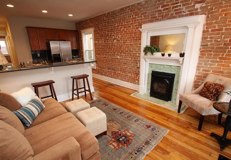 Living room, fireplace, bar