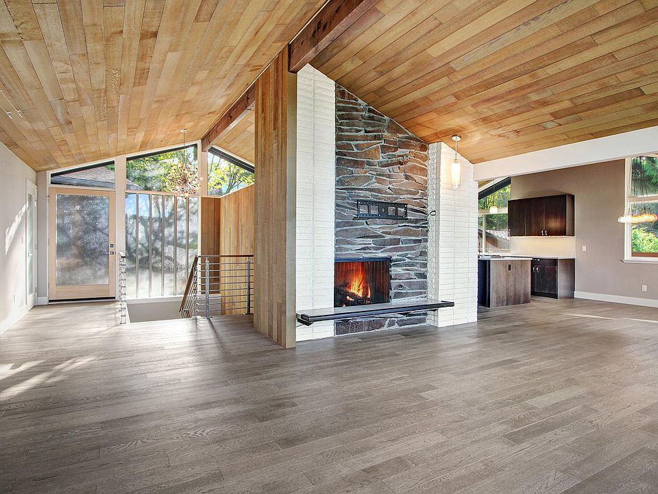 Upstairs entry, living room, fireplace, dining room, kitchen