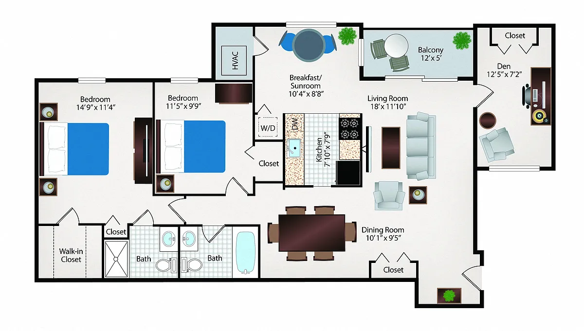 Floor plan 2 Bed 2 Bath with Den