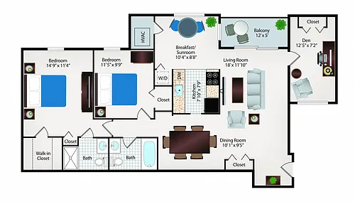 Floor plan 2 Bed 2 Bath with Den