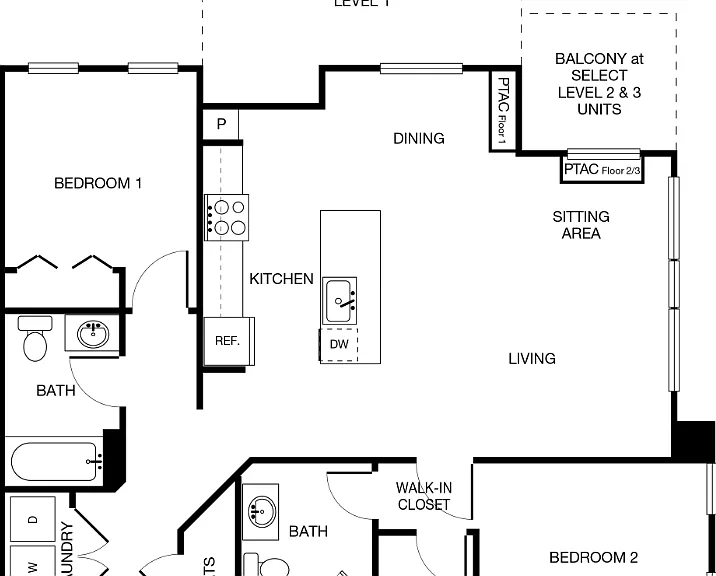 2 Bedrooms 2 Baths B Floorplan Diagram