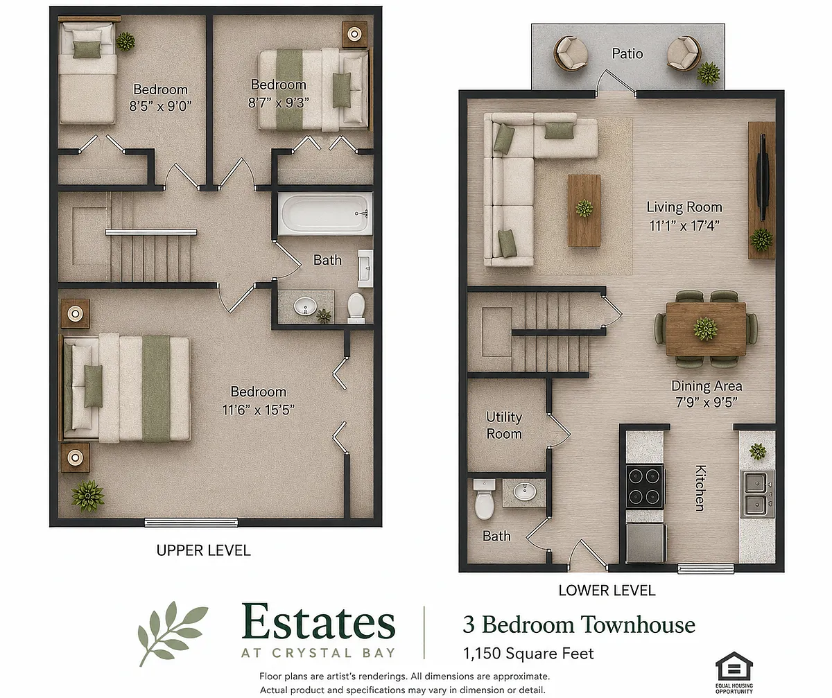 Floor plan Three Bedroom 1.5 Bath Townhouse 1150 sq ft