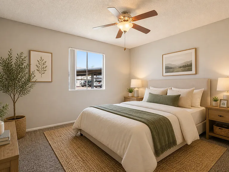 Cozy modern bedroom with warm lighting