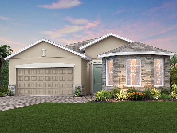 The Marina, a single-story home with a 2 car garage, shown as Home Exterior FM2A