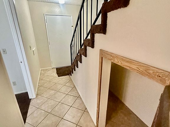 Hallway facing entrance, ample storage below staircase.