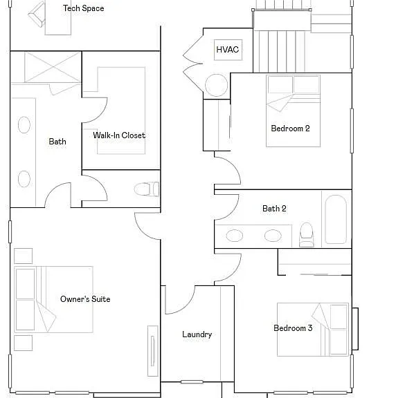 3 bedrooms, tech space/workout flex room 2 baths and the laundry room.