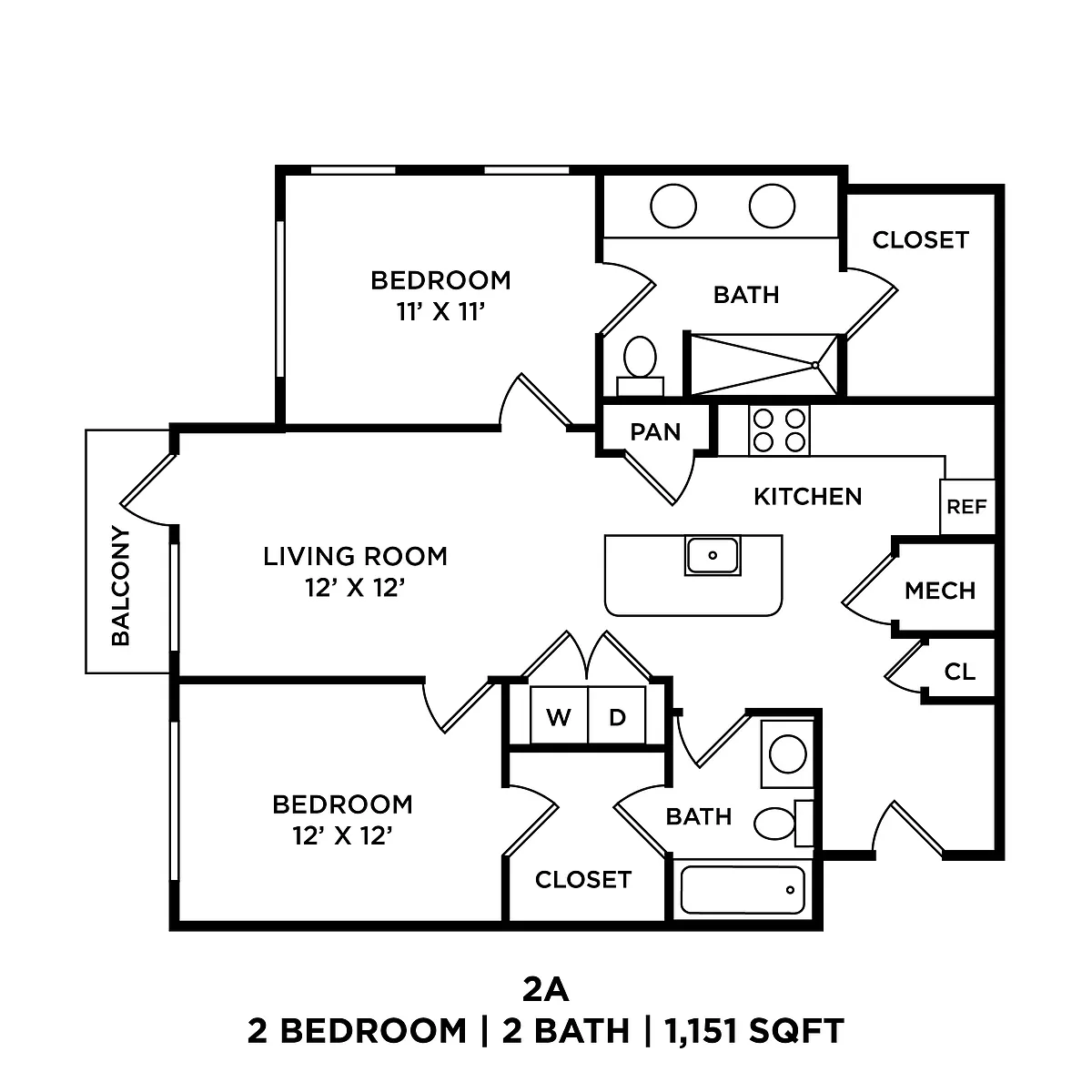 Floor plan Two Bed Two Bath - 1151 SqFt