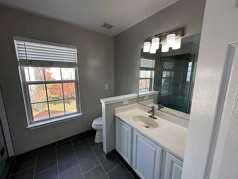 Master Bathroom with new lighting, new toilet, new flooring, and new faucets (all bathrooms have new faucets)