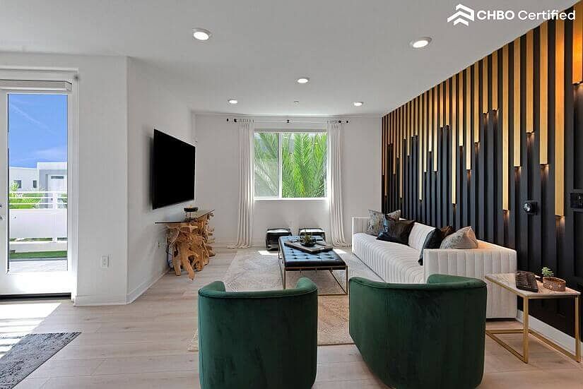 Spacious Great Room with 77" Sony OLED & LED Slatted Wall