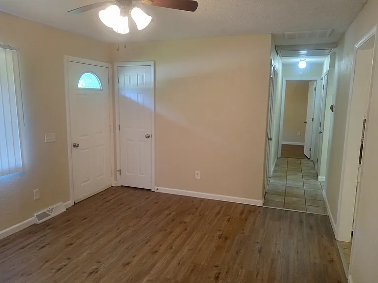 Living room - front door - coat closet - hallway to bathroom and bedrooms.