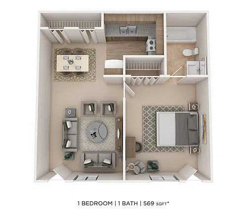 Floor plan 1 Bed 1 Bath 569sqft