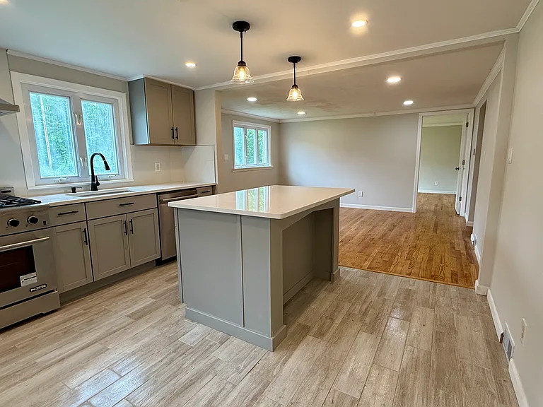 kitchen, living room, and bedroom 1