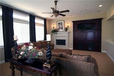 Family room with fireplace, built-in entertainment center, custom drapes 