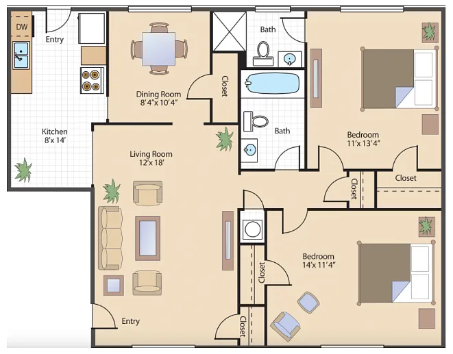 Floor plan 2 Bed - 2 Bath