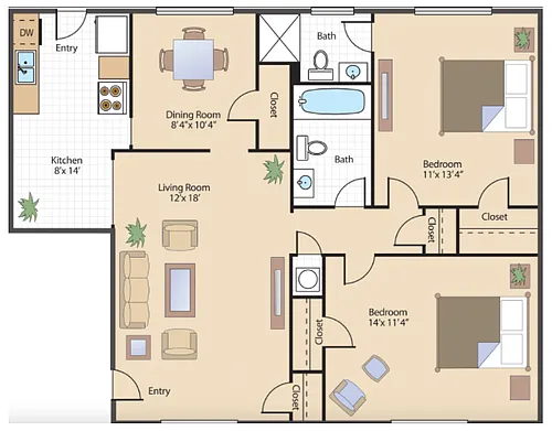 Floor plan 2 Bed - 2 Bath