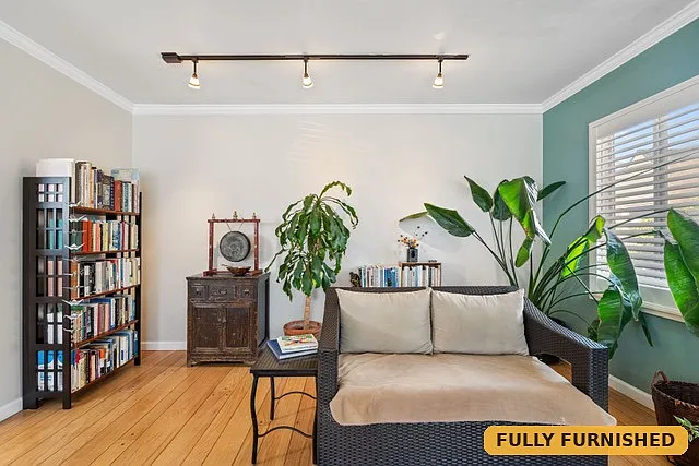 Book lined shelves in the living room