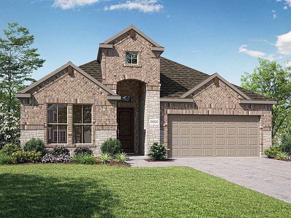 Elevation E is a single story brick and stone home design with arched entry and herringbone brick pa