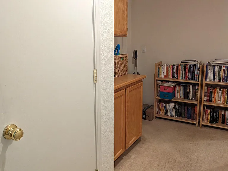 Hallway has a closet and cabinet.