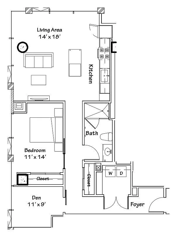 Floor plan (A14) One Bedroom W/ Den Apartment